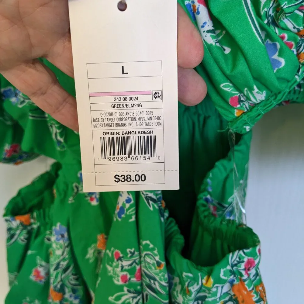 NWT Bubble Hem 100% Cotton Kelly Green Puff Sleeve Cut Out Dress - Size Large - Picture 4 of 5